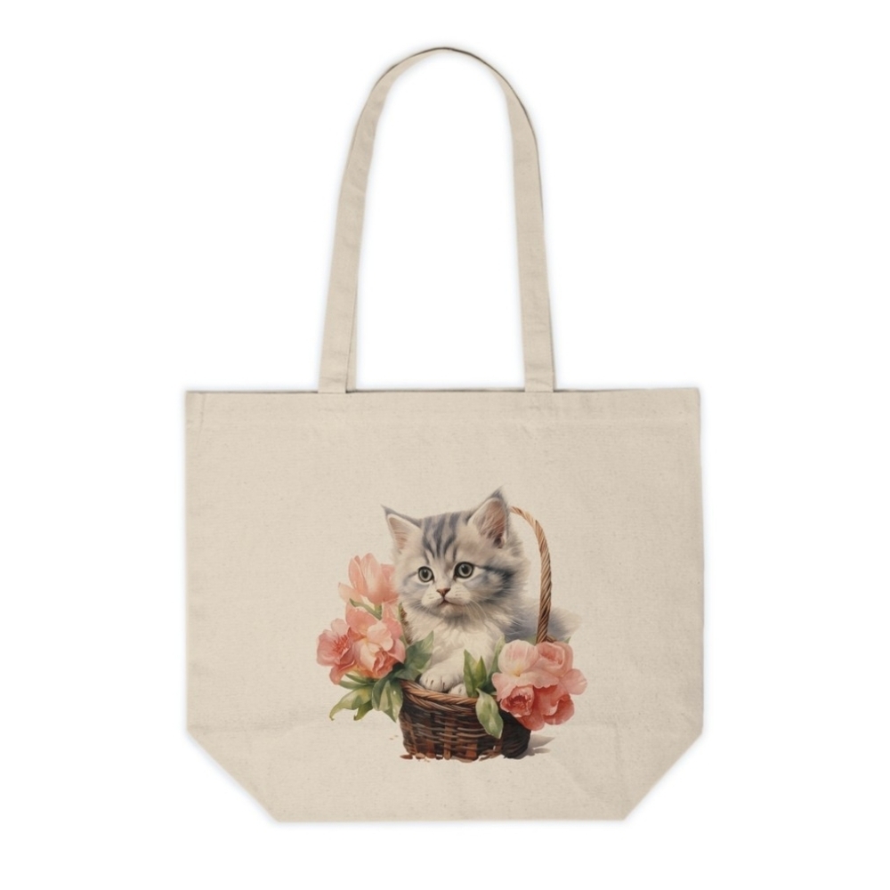Floral Cat in a Basket Custom Canvas Tote Bag